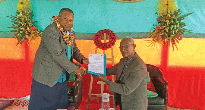 Minister for Rural and Maritime Development, Inia Seruiratu, with Tebara Ex-Servicemen Association president, Ratu Draunibaka, on October 28, 2022. Photo: Josefa Babitu
