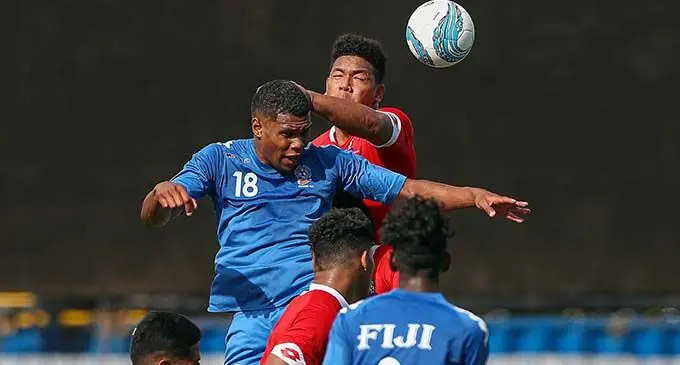 Vodafone Fijian Under-23 defender Scott Wara (18) heads the ball against Tonga during the OFC Olympic Qualifiers Group B clash at Churchill Park, Lautoka on September 23, 2019. Photo: OFC Media