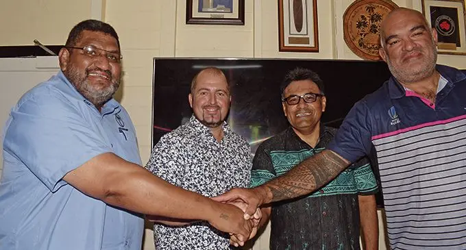 From left: Fiji Rugby Union chief executive officer John O’Connor, Board Member Jay Whyte, Board chairman Conway Beg and Fiji Rugby High Performance Unit general  manager Simon Raiwalui on April 14, 2021 at Rugby House in Suva celebrate the announcement of the Fijian Drua’s participation in Super Rugby. Photo: Ronald Kumar