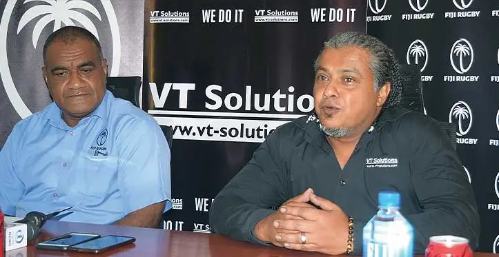 Fiji Rugby Union national operations manager Sale Sorovaki (left) and VT Solutions managing director and chief executive officer Shailesh Sharma during the sponsorship signing at the Rugby House on May 4, 2023. Photo: Sereana Salalo