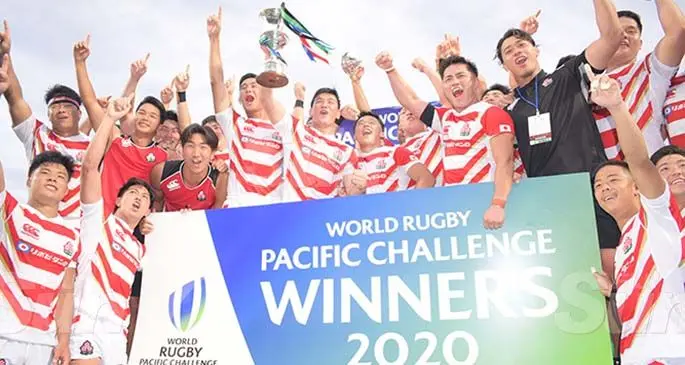 Junior Japan players and officials celebrate after winning 2020 World Rugby Pacific Challenge at the ANZ Stadium, Suva on March 14, 2020. Photo: Ronald Kumar