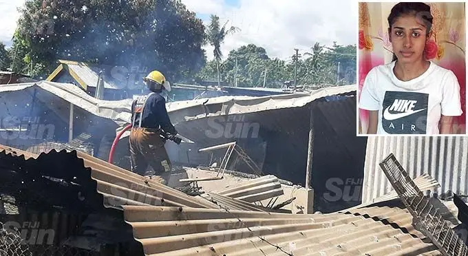 National Fire Authority officers responding to the fire at Lawaki, Lautoka on August 16, 2021. (Inset: Sharon Shivanjini). Photo: Salote Qalubau