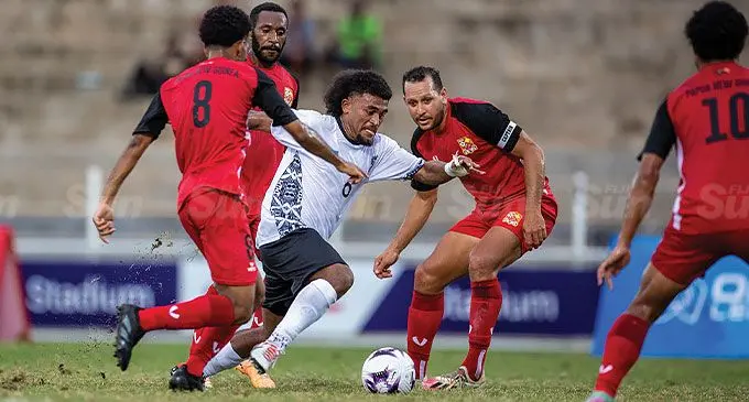 Fiji men’s defensive midfield player Thomas Dunn breaks through the Papua New Guinea’s defense in their OFC Nations Cup group B match at HFC Bank stadium, Suva on June 16, 2024. Photo: Leon Lord