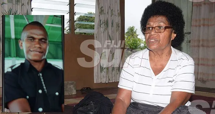Makereta Koroi, 66, at her home in Muanikoso, on October 22, 2019. Inset: In happier days... Police Constable Siuta Niumataiwalu. Photo: Ronald Kumar