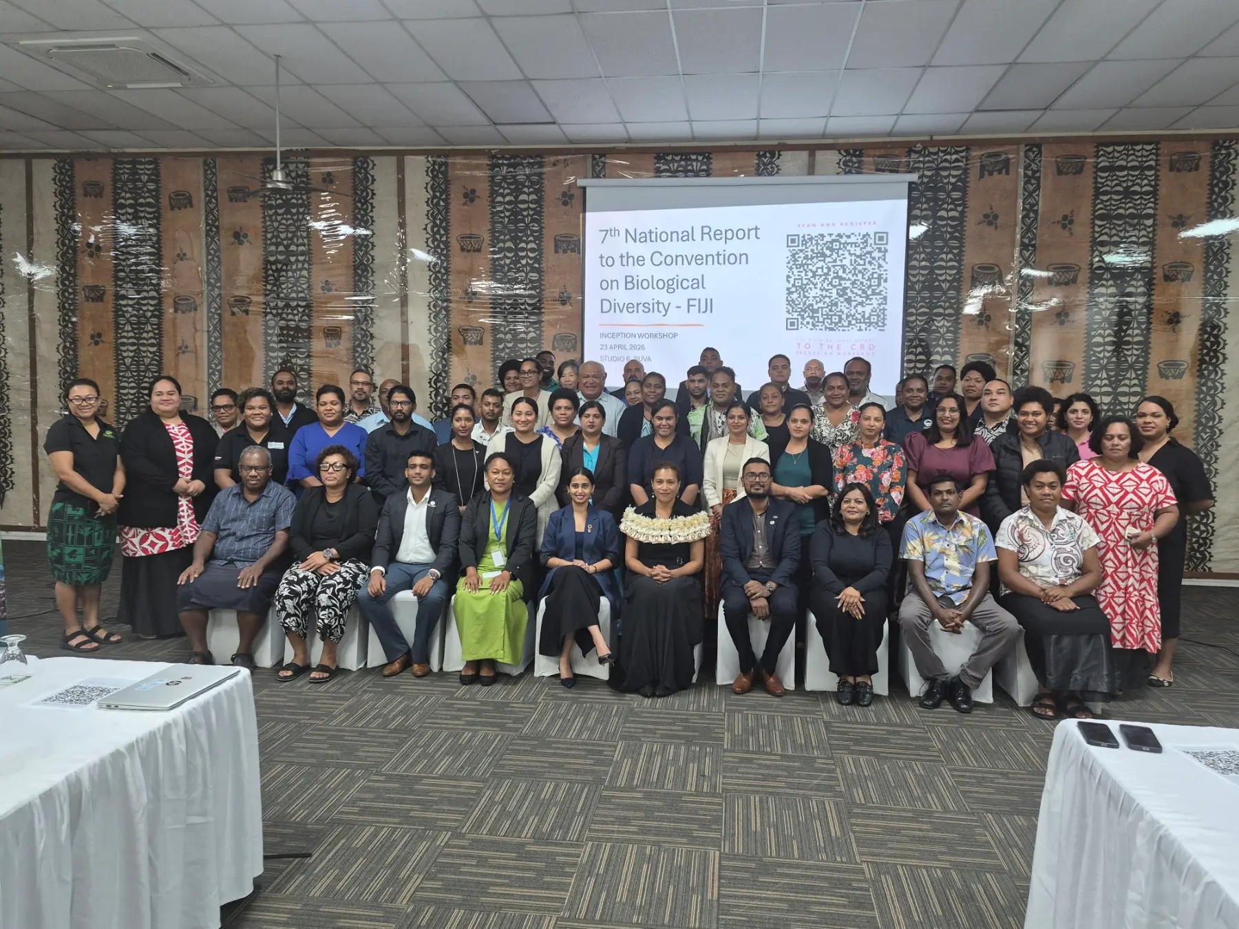 Minister for Environment and Climate Change Lynda Tabuya with representatives from government ministries, non-governmental organisations, and community groups during National Inception Workshop for Fiji's Seventh National Report to the Convention on Biological Diversity at the Yatu Lau Hotel on April 23, 2026.