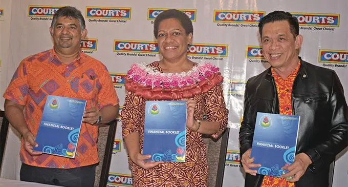 From left: Courts director of marketing Anil Senewiratne,Minister for Women, Children and Poverty Alleviation Mereseini Vuniwaqa and the General Manager SPBD Elrico Munoz after signing the agreement at Courts Samabula, Suva, on April 26,2019. Photo: Simione Haravanua