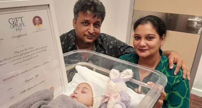 Saheban Ali (left) with wife Aayad Ayeza Ali and five-month-and-one-week-old daughter Razeena Ali, at the Sri Sathya Sai Sanjeevani Children’s Hospital on September 19, 2023. Photo: Wati Talebula-Nuku