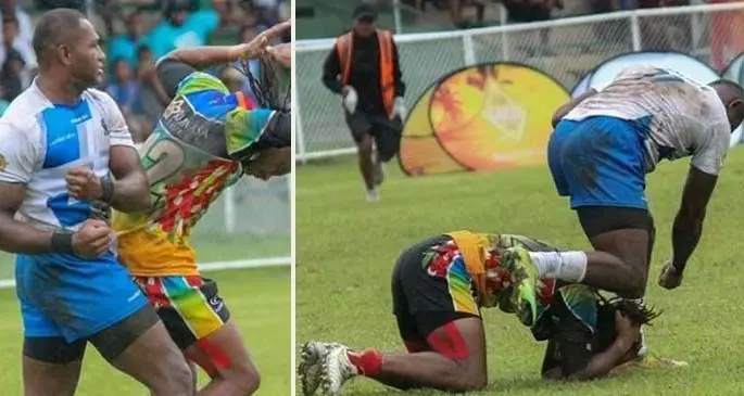 Police White’s Watisoni Sevutia, throws a punch at Raiwasa Taveuni’s Manueli Maisamoa during the Cup quarterfinals of the Fiji Bitter Nawaka 7s at Prince Charles Park, Nadi, on February 27, 2021. Photo: Nawaka 7s