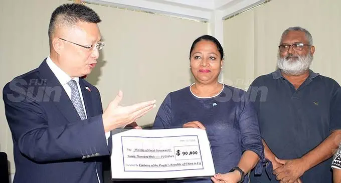 From left: Chinese Ambassador to Fiji Qian Bo, Minister for Housing and Local Government Premila Kumar and Sigatoka Town special administrator, Adish Naidu, during the Sigatoka Town development grant handover on November 12, 2020. Photo: Ronald Kumar