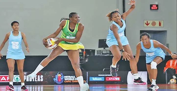 Fijian Pearls goal attack Unaisi Rauluni (third from left) defends against Zimbabwe player during their second match at the Netball World Cup in Cape Town, South Africa on July 28, 2023. Photo: SuperSport