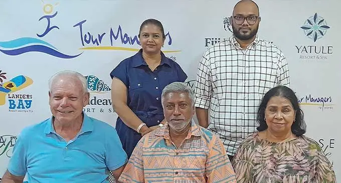 Seated from left: Tour Managers Group general manager Dave Woodman, group chairman and managing director Damend Gounder, manager rates India Saroj Gounder, with (standing from left), manager of Villa Del Cowrie, weddings and events Pooja Natasha, and group general manager of business transformation Rahul Rajiv Gounder. Photo: Waisea Nasokia