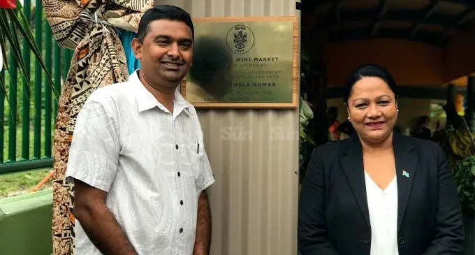 Suva City Council chairman Ritesh Singh (left), and Minister for Local Government,  Premila Kumar after the unveiling ceremony at the Flagstaff Mini Market on August 15, 2022. Photo: Jone Salusalu