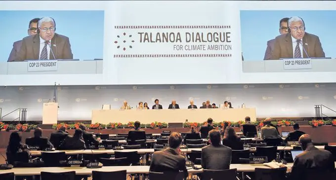 Prime Minister and COP23 President Voreqe Bainimarama delivers his remarks during the wrap-up meeting of the Presidencies Talanoa Dialogue in Bonn, Germany. Photo: DEPTFO News