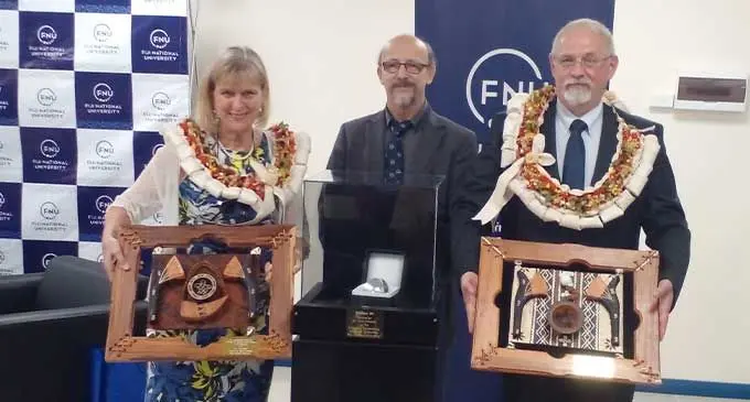 From left: Fiji National University’s newly appointed Vice-Chancellor, Dr Lyn Karstadt, Dean for the college of engineering science and technology Professor Tibor Pasinszki and Hungarian ambassador, Dr Zsolt Hetesy at Derrick campus, Samabula on September 27, 2022. Photo: Jone Salusalu