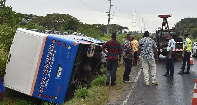 The bus on its side at the Nadi back road on August 30, 2019.