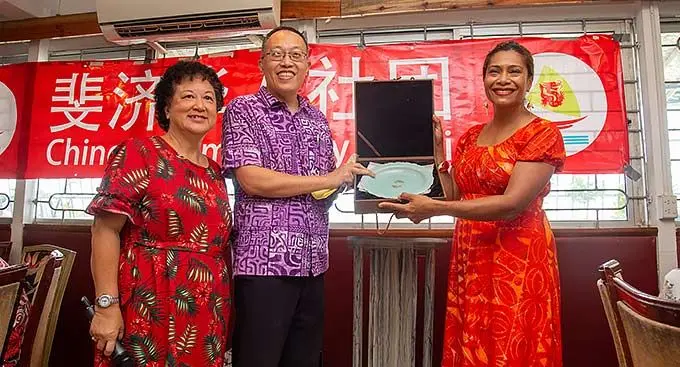 From left: President of the Chinese Association of Fiji, Jenny Seeto, Charge d’Affaires ad interim of the Embassy of the People’s Republic of China to Fiji Wang Xuguang and Minister for Women, Children and Poverty Alleviation, Lynda Tabuya during the New Year celebration for senior chinese 65 years and above at the China Club in Nasese, Suva on January 8, 2023. Photo: Leon Lord