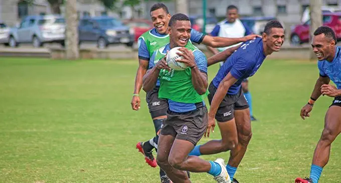 Fijian 7s squad member, Kaminieli Rasaku (with ball) during the team’s training at Albert Park, Suva, on February 15, 2021. Rasaku was one of the players who started his 7s career with Uluinakau where he was spotted by national 7s coach, Gareth Baber. Photo: Leon Lord