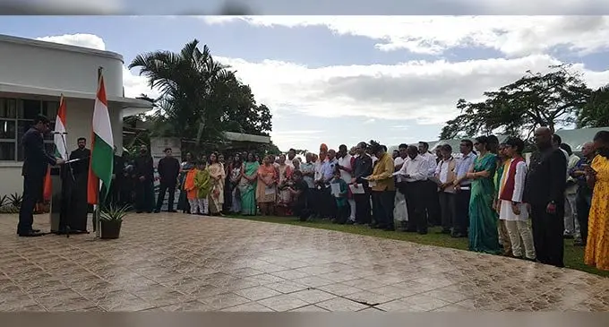 Indian High Commissioner to Fiji Palanyswamy Subramanyam Karthigeyan, address guests during the 76th India Independence day at his residence in Suva on August 15, 2022. Photo: Viliame Tawanakoro