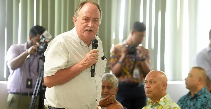 Pioneers of the commercial broadcaster Communications Fiji Limited’s co-founder William Parkinson, with Charles Taylor, with Sufi Dean in the background, during public consultations over the draft Media Ownership and Registration Bill of 2023, in Suva, on March 23, 2023.