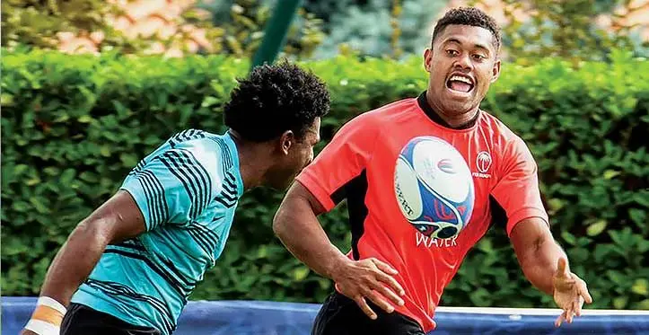Flying Fijians backs (from left) Kalaveti Ravouvou and Ilaisa Droasese during training in Bordeaux, France, on September 4, 2023. Photo: FRU Media