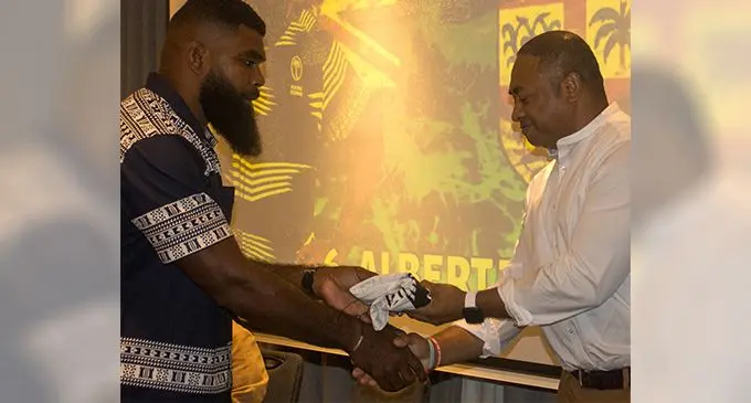 Flying Fijian flanker Albert Tuisue receives his jersey for Derek Derenalagi in London on August 25, 2023. Photo: FRU Media