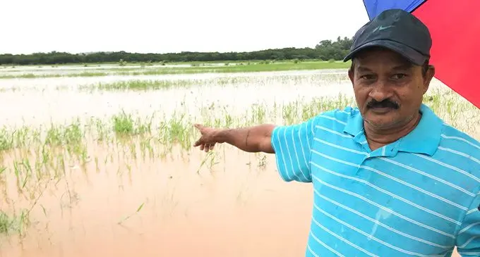 Muthu Swamy pointing at his farm under water in Soasoa, Labasa on January 13, 2023. Photo: Shratika Naidu