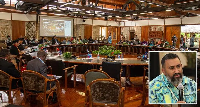 Pacific Islands Forum meeting in progress. Inset: General Secretary of the Pacific Conference of Churches, Reverend James Bhagwan.  