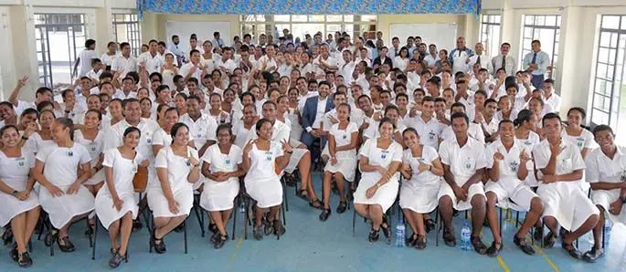 Minister for Economy Aiyaz Sayed-Khaiyum (middle) with Natabua High School teachers and Year 13 students.
