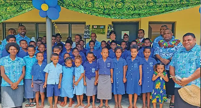 Japanese Ambassador to Fiji Michii Rokuichiro, Minister for Lands and Mineral Resources Filimoni Vosarogo with teachers, students, officials and guests during the opening of the classrooms at Namuka District School in Macuata on September 12, 2024. Photo: Sampras Anand