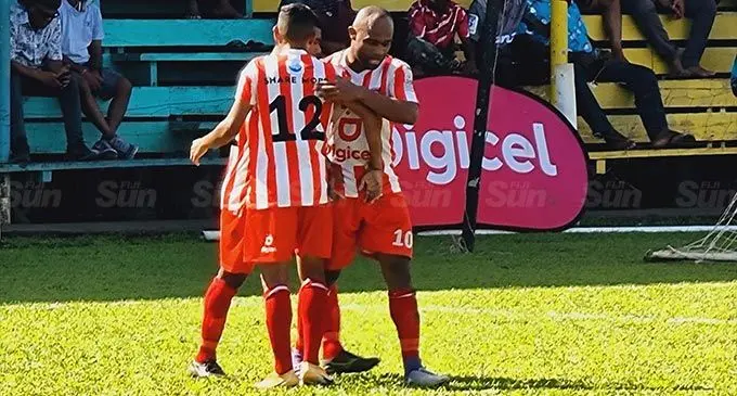 Labasa players congratulates Christopher Wasalasala after scoring one of his three goals against Ba at Subrail Park, this afternoon. Photo: Sampras Anand