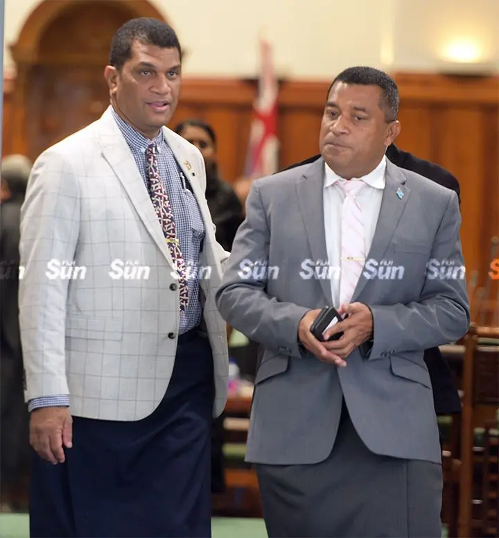 Minister for Education Aseri Radrodro and Minister for Housing Maciu Katamotu outside Parliament on April 5, 2023. Photo: Ronald Kumar.