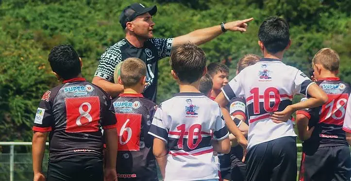 Flying Fijians skills coach Glen Jackson during a children coaching clinic at the Centre Culture[ Du Val Saint Martin in Pornic, France, on August 17, 2023. Photo: FRU Media