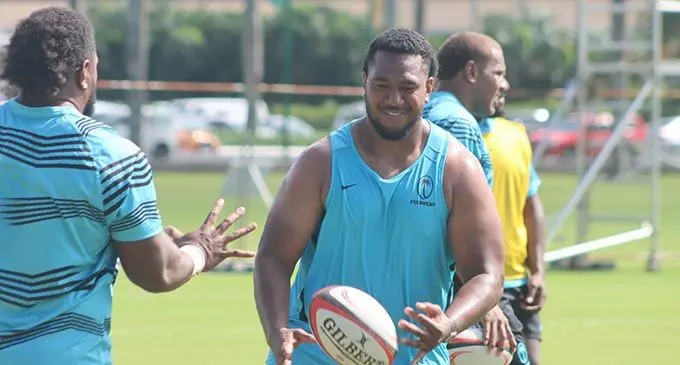 Vodafone Flying Fijians hooker Mesulame Dolokoto (back to camera) receives a pass from prop Eroni Mawi during training at Albert Park, Suva, on June 27, 2022. Photo: FRU Media
