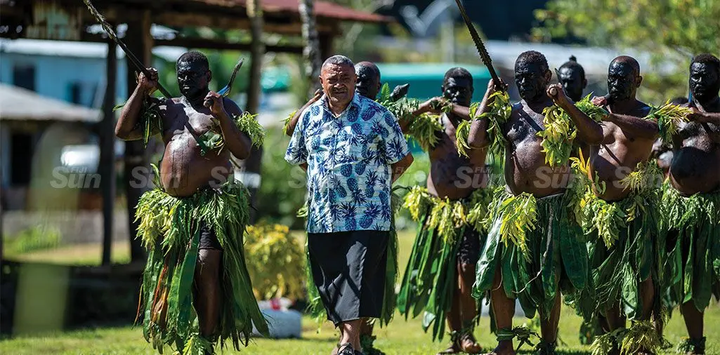 Tui Namosi, Ratu Suliano Matanitobua is escorted by his traditional warriors as they welcome him at Veivatuloa Village on April 14, 2024. Photo: Leon Lord 