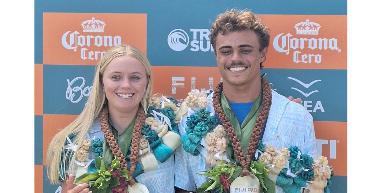e'a Kurop (left) and Teo Degei will fly the Fijian flag at the Fiji Pro 2026 by Corona Cera which starts today at Marni Bay. 