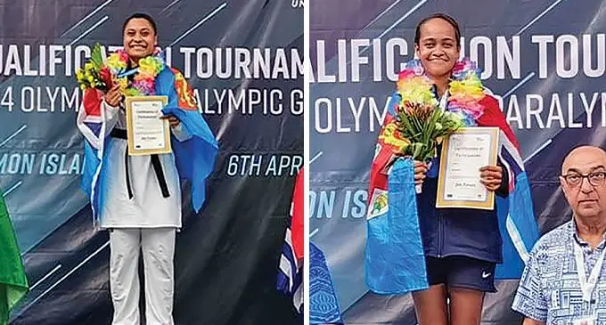 Venice Traill (left) and Irene Mar with her gold medals at the Oceania Olympic qualifier in Solomon Islands. Photos: Fiji Taekwondo Association