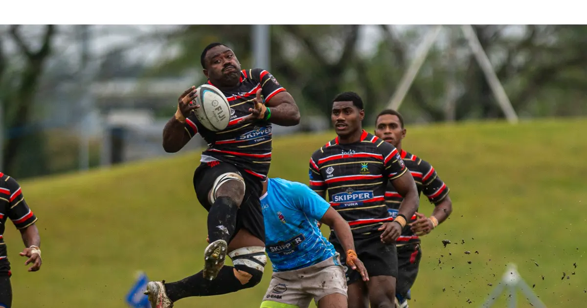 Naitasiri number 8 Saimoni Wakanivesi claims a high ball during their Skipper Cup round four clash against Suva at the HFC Bank Stadium, Suva on August 21, 2026. Photo: Leon Lord 
