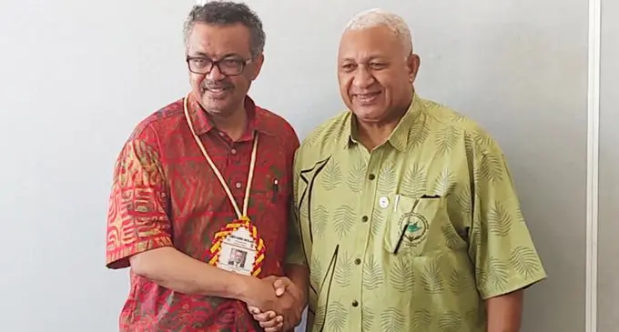 Director-General of the World Health Organisation Tedros Adhanom Ghebreyesus (left) and Prime Minister Voreqe Bainimarama during their bilateral talks on August 12, 2019, in Funafuti, Tuvalu.  Photo: Ilaijia Ravuwai