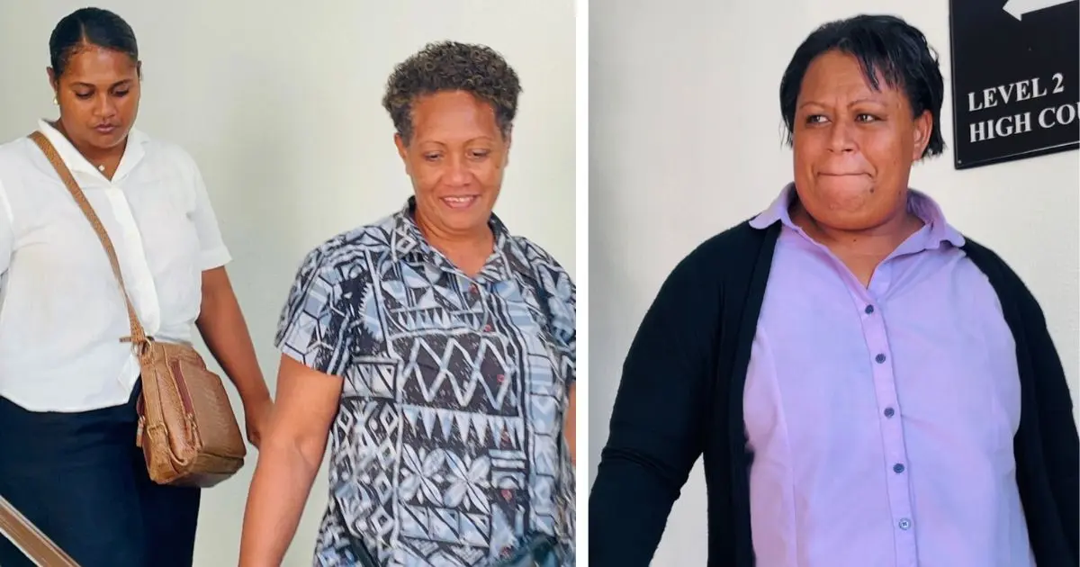 From left: Sera Baravilala (white) and Ulamila Vereki (receptionist) and Police Officer Selina Naikau outside the High Court in Suva on April 14, 2026.