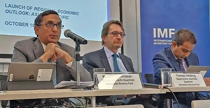 From left: International Monetary Fund (IMF) Asia and Pacific department director Krishna Srinivasan, deputy director Thomas Helbling and division chief of Regional studies Shanaka Peiris during the launch of their latest regional economic outlook for Asia and the Pacific in Singapore on October 18, 2023. Photo: Shratika Naidu