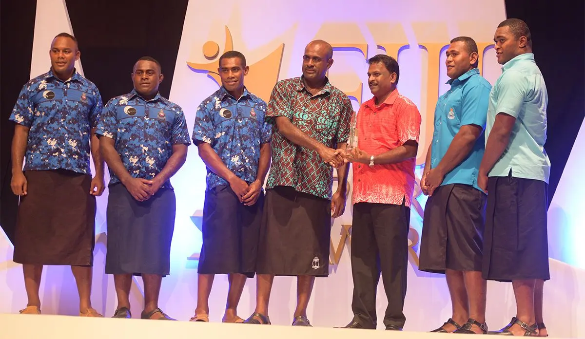 Members of the Fijian Drua Team received the  Sports World Team of the Year Award from Vinod Kumar during 2018 Fiji Sports Awards at FMF Gymnasium on March 01, 2019. Photo: Ronald Kumar.