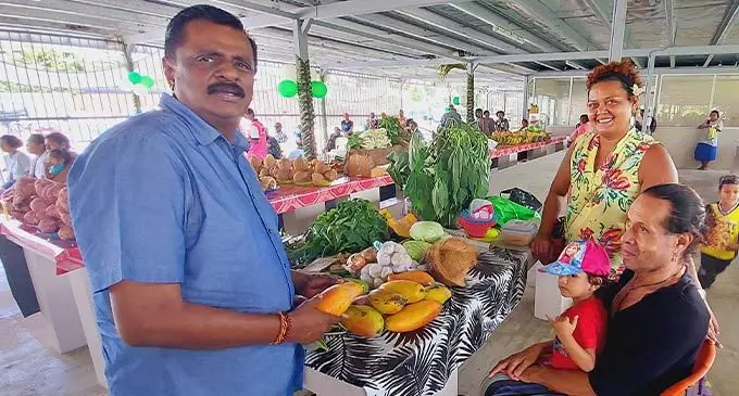 The Minister for Employment, Productivity and Industrial Relations and Youth and Sports, Parveen Bala (left) with vendor, Lilian Foster, Dike King holding, Rylee Foster following  the official opening of the Nature’s Market in Waiyavi, Lautoka on August 13, 2022. Photo: Nicolette Chambers