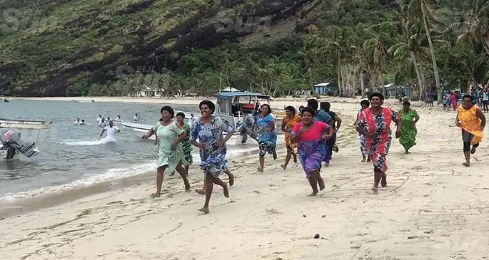 Women and crew of RFNS Savenaca perform the traditional cicivi ni cere in Yalobi Village on Waya island in Yasawa on June 6, 2020. Photo: Kelera Sovasiga