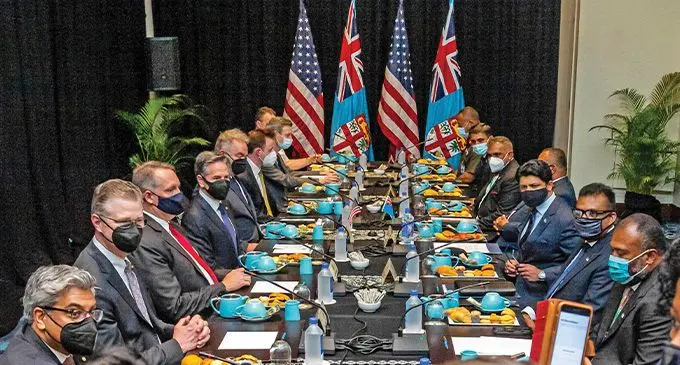 Acting Prime Minister Aiyaz Sayed-Khaiyum with government representatives during the bilateral meeting with the US Secretary of State Antony Blinken and his entourage at the Sofitel Resort & Spa in Nadi on February 12, 2022.  Photo: Leon Lord