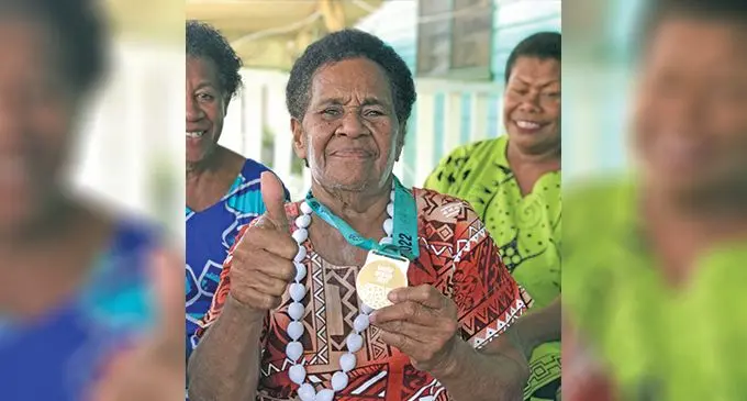 Fiji Airways Fijian men’s sevens captain Waisea Nacuqu’s grandmotherMakirina Titoko with Nacuqu’s gold medal at Votua, Ba on September 15, 2022. Photo: Kelera Sovasiga-Tuisawau