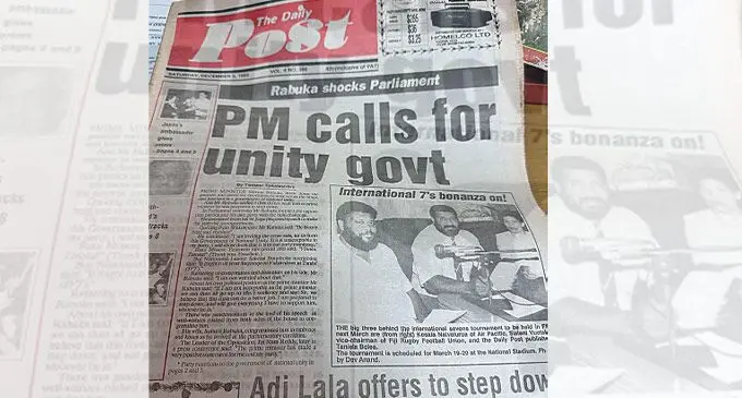 A copy of the Daily Post front page edition on December 5, 1992 when then Prime Minister Sitiveni Rabuka initiated a Government of National Unity. Photo: National Archives of Fiji