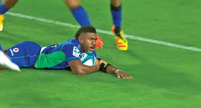 Swire Shipping Fijian Drua winger Vinaya Habosi dives over for their first try in their Super Rugby Pacific match against Waratahs at at Cbus Stadium in Gold Coast, Australia, on April 1, 2022. Photo: 9Sports