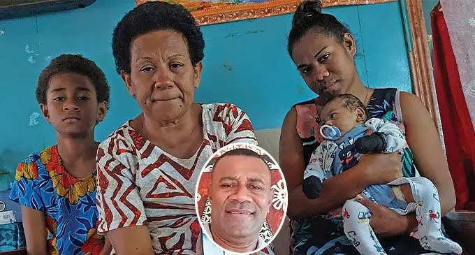 From left: Jope Tuivanuavou’s daughter Losalini Tuivanuavou, wife Vilisi Verebasoga, grandson Jospeh Tuivanuavou and daughter Seleima Lelea at their home in Tavualevu Village on August 8, 2024. Photo: Salote Qalubau/ Inset: The late Jope Tuivanuavou.
