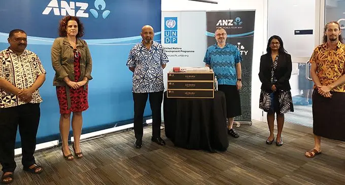 From left: Empower Pacific chief executive officer Patrick Morgam, Rise Beyond the Reef co-founder Janet Lowata, ANZ Fiji country head Saud Minam, UNDP Pacific Office in Fiji resident representative Levan Bouadze, director of Solved (Fiji) Pte Ltd (part of Quantum Space – Learning and Innovation Hub) Janice Nand and Pacific Blue Foundation project manager for Beqa Lagoon Iniative Safano Katz. Photo: Laiseana Nasiga.