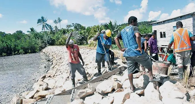 Ministry of Waterways engineers, workers and villagers at the nature-based seawall construction site at Nabubu Village in Macuata on June 14, 2022. Photo: DEPTFO News